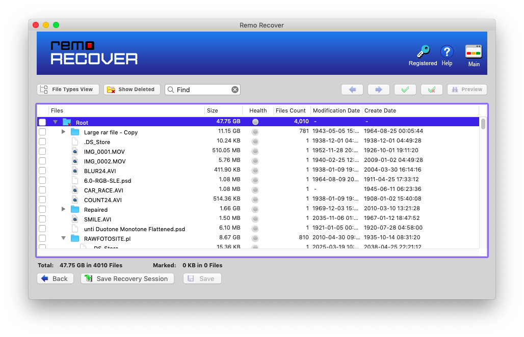 recovered files will be displayed in data view and file type view
